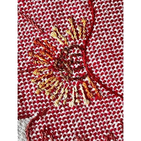 Vintage Embroidered Table Centerpiece With Floral Design & Crocheted Trim 37.5" - Picture 7 of 8